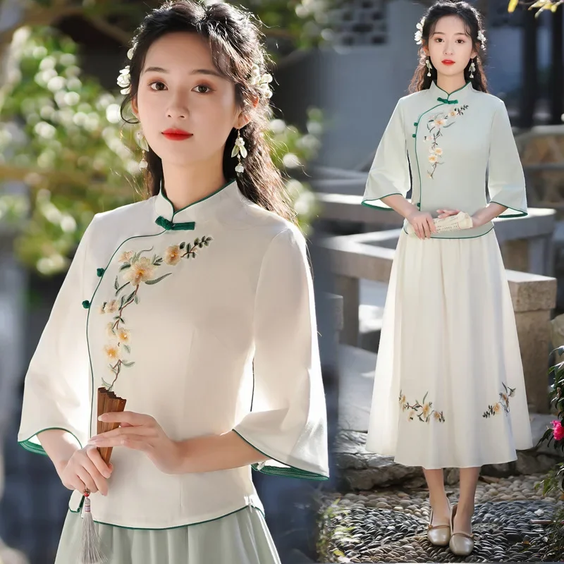 2022 fashion WOMEN'S plus size Hanfu tops 2022 spring cotton blend embroidery elegant dresses Chinese style retro qipao girls