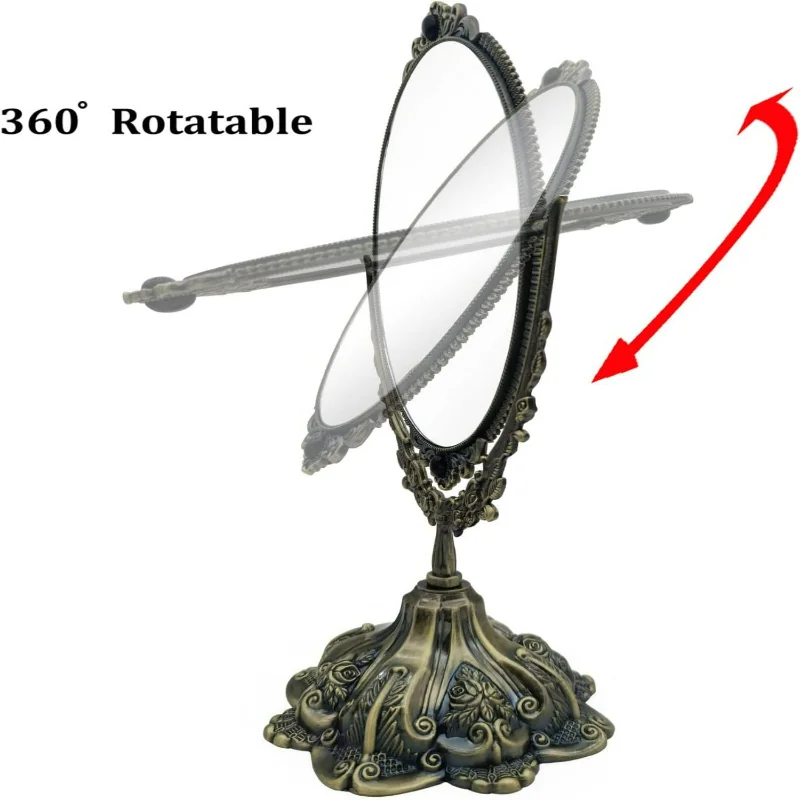 Specchio per trucco bifacciale vintage piccolo in bronzo: specchio da tavolo essenziale in lega di metallo chic di alta qualità con elegante 360 D
