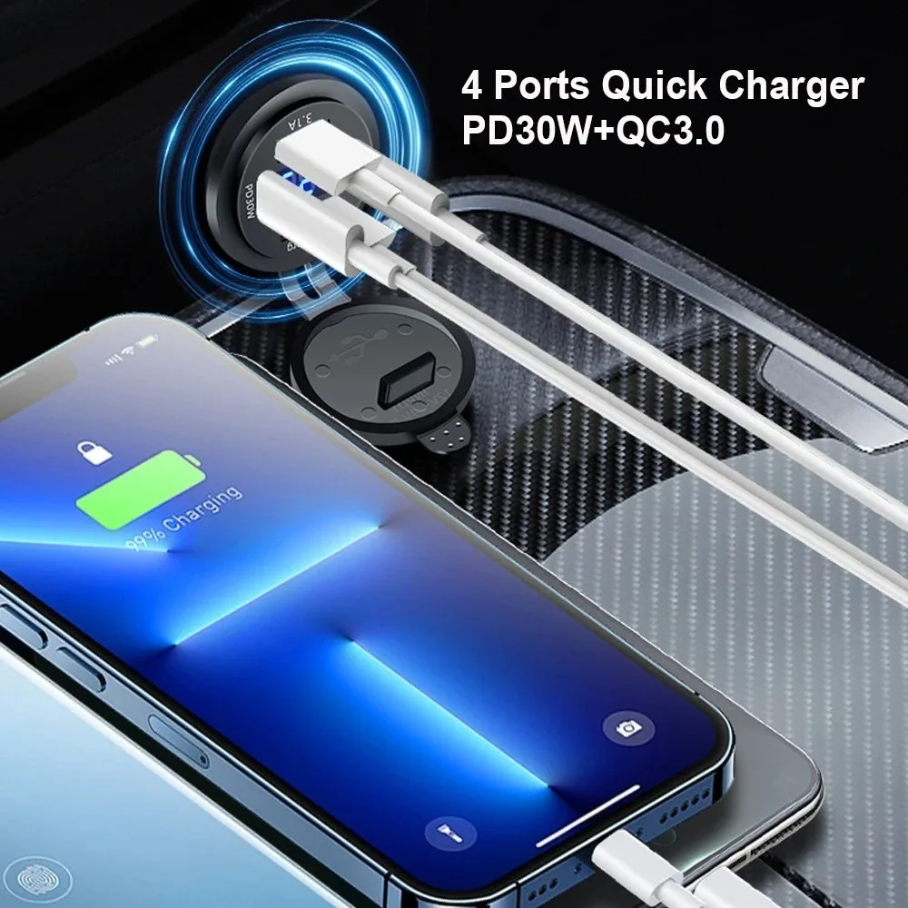 12V 24V 4 Port Car Charger Socket Dual USB Dual Type C Fast Charger Waterproof Voltmeter Power Outlet for Motorcycle Boat  Truck