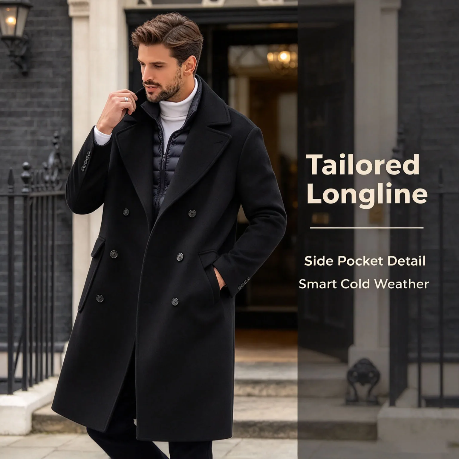 Men's Double Breasted Wool Overcoat Slim Fit Long Winter Trench Coat Notch Lapel Flap Pockets Business Formal Topcoat Pea Coat