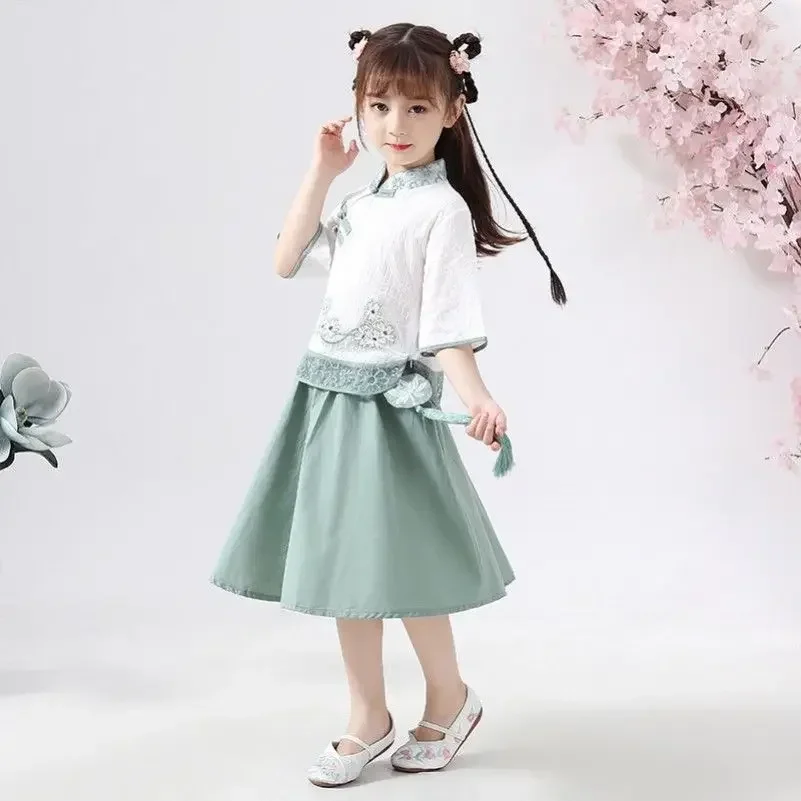 Children's Ancient Costume Chinese Style Little Girl Tang Suit 2023 Summer New Hanfu Graduation Ceremony Dress Cute Qipao Dress