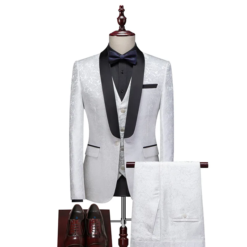 KIDWHXR Man 3-piece Suits Contrast Color Printed Single-breasted Blazer Male V-neck Vest Straight-leg Pant Men Wedding Suit Set