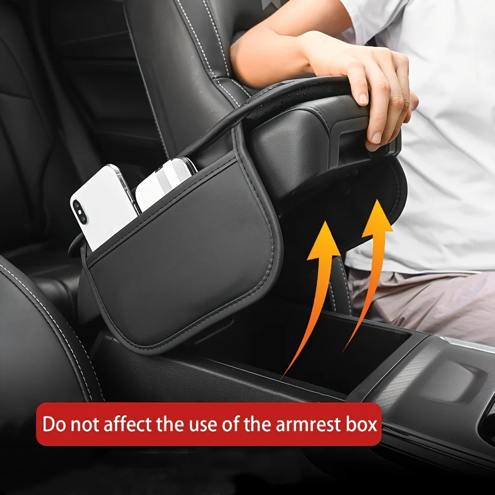 Universal Car Armrest Box Mat, Black PU Leather Armrest Cover with Storage Pocket, Comfortable Elbow Support Cushion for SUV/Tru view 2