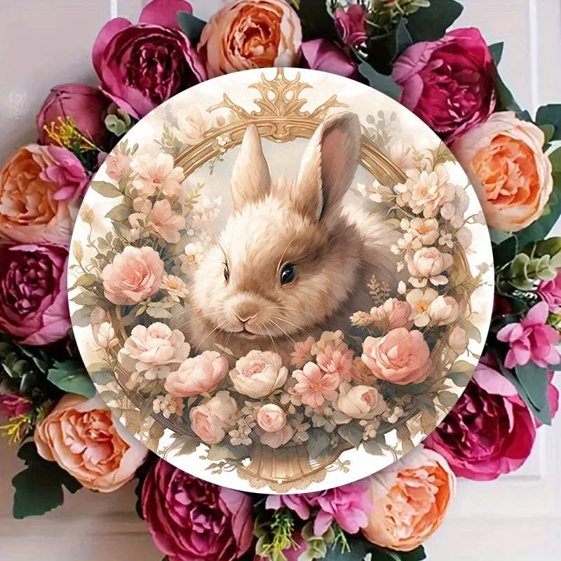 1pc 8x8inch Aluminum Metal Sign Vintage French Style Easter Bunny Sign Pink Rose Flower Wreath Rabbit Round Easter