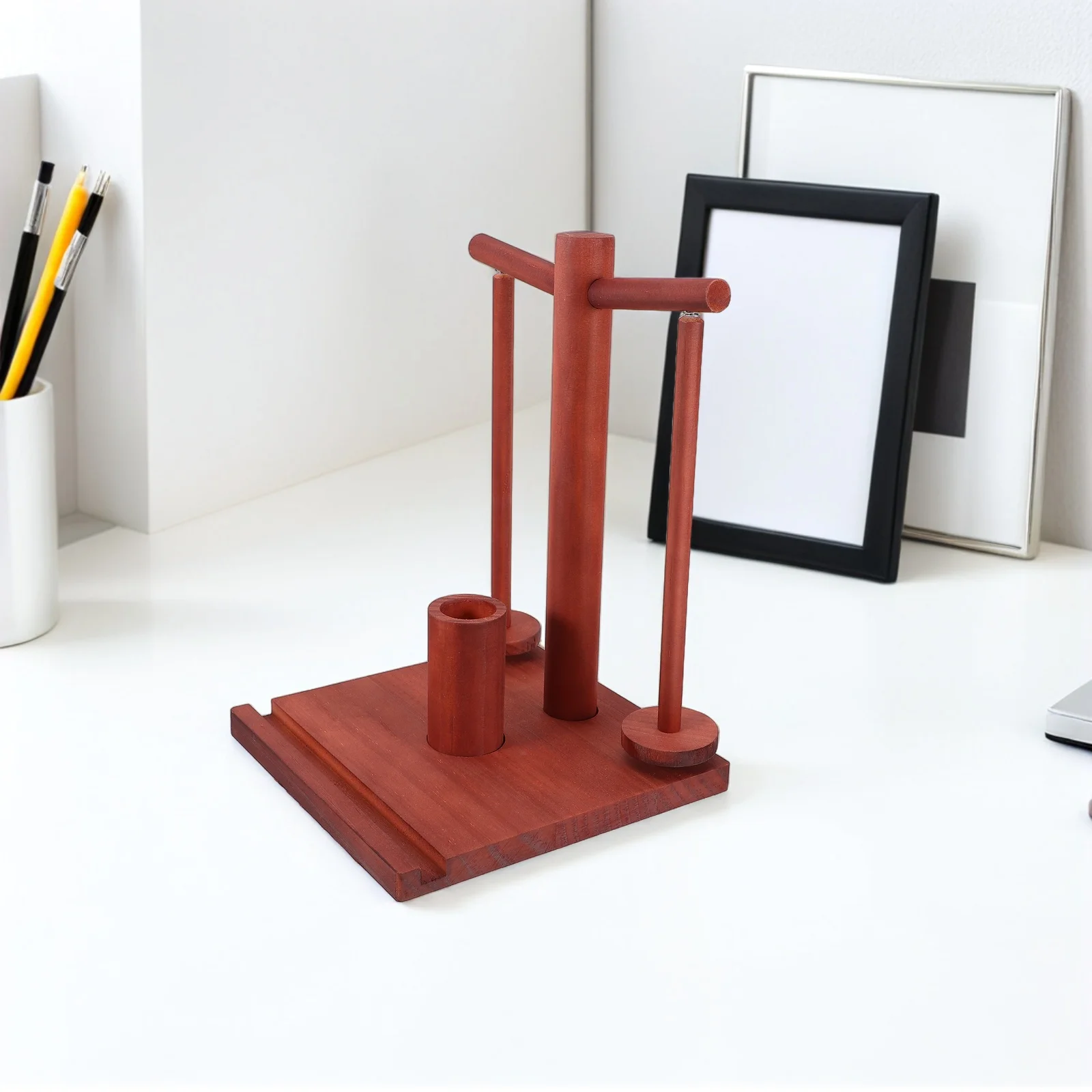 Wooden Yarn Storage Organizer Rotating Yarn Holder Double Spindles Thread Rack Home DIY Knitting Crocheting Spool Stand