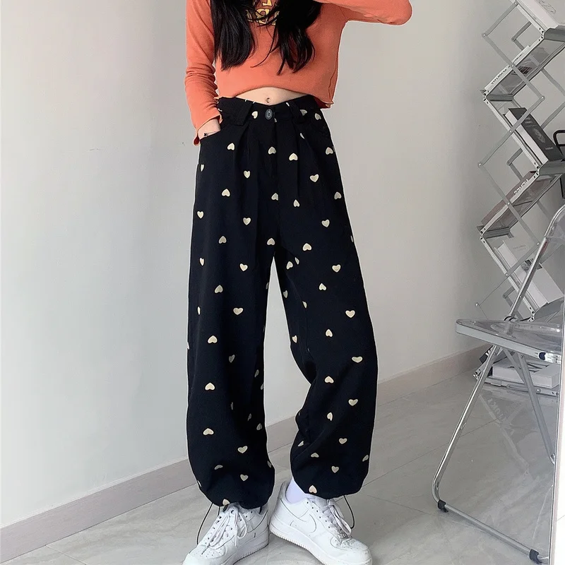 Casual Pants Women Love-printed Baggy Hot S-4XL Wide-leg Sweet Girls Streetwear Chic Trousers Button-fly All-match Empire Female