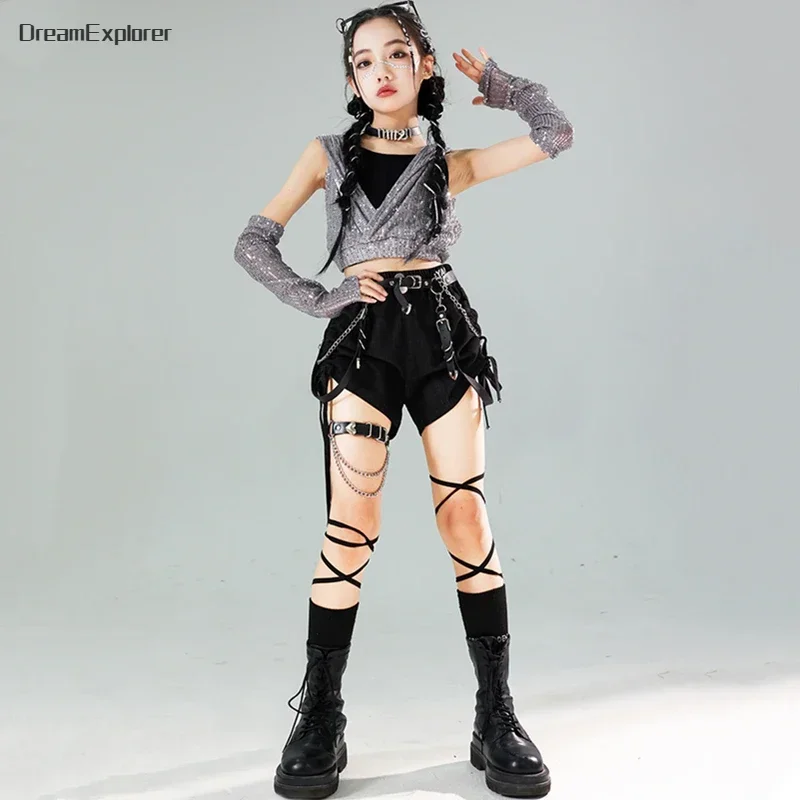 Meisjes K-Pop Lovertjes Crop Hoodies Streetdance Short Pu Lederen Cargo Broek Kids Hiphop Jazz Rokken Kleding Set Kinderkleding