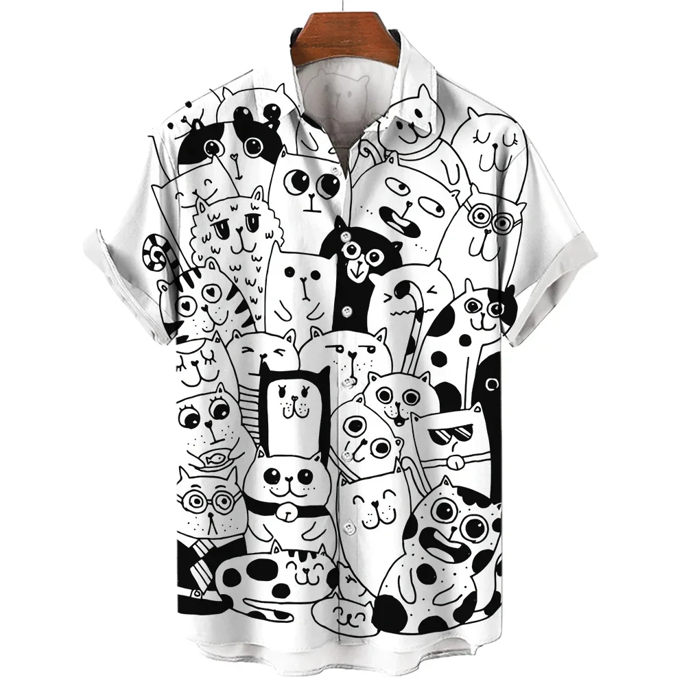 Camisa de botão manga curta masculina, top estampado padrão gato, linha dos desenhos animados, moda casual