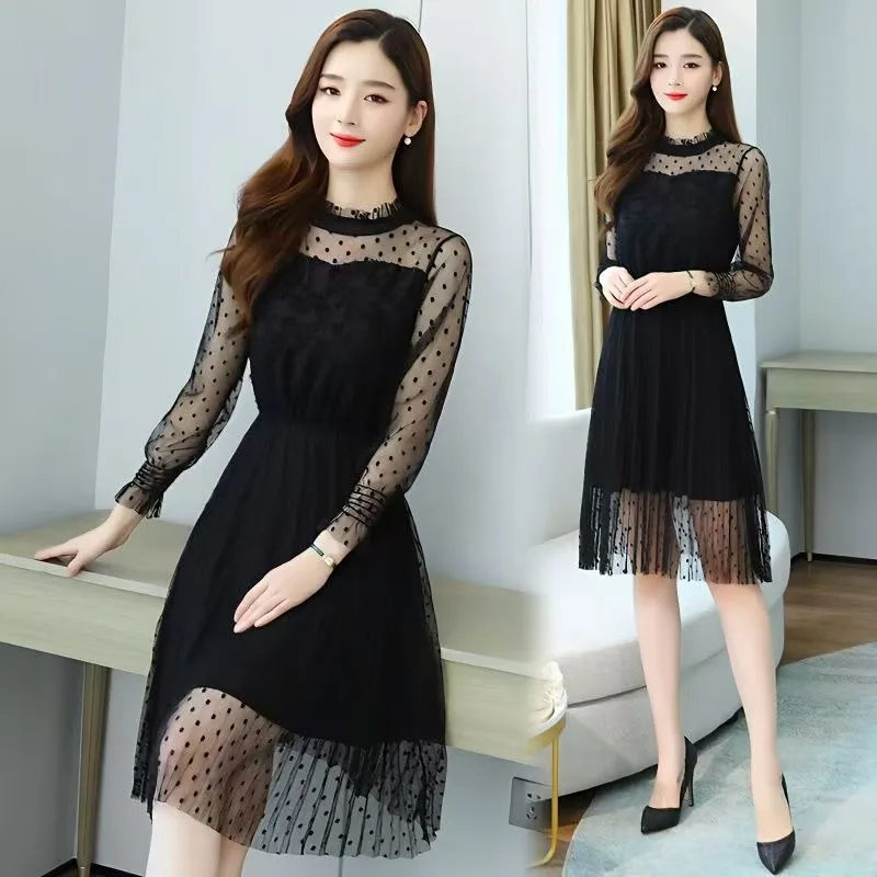 Women Sping Autumn Elegant Dresses Mesh Transparent Sleeves Lace Dress Fashion Polka Dot Dress Party Beachwear New Sexy Dresses