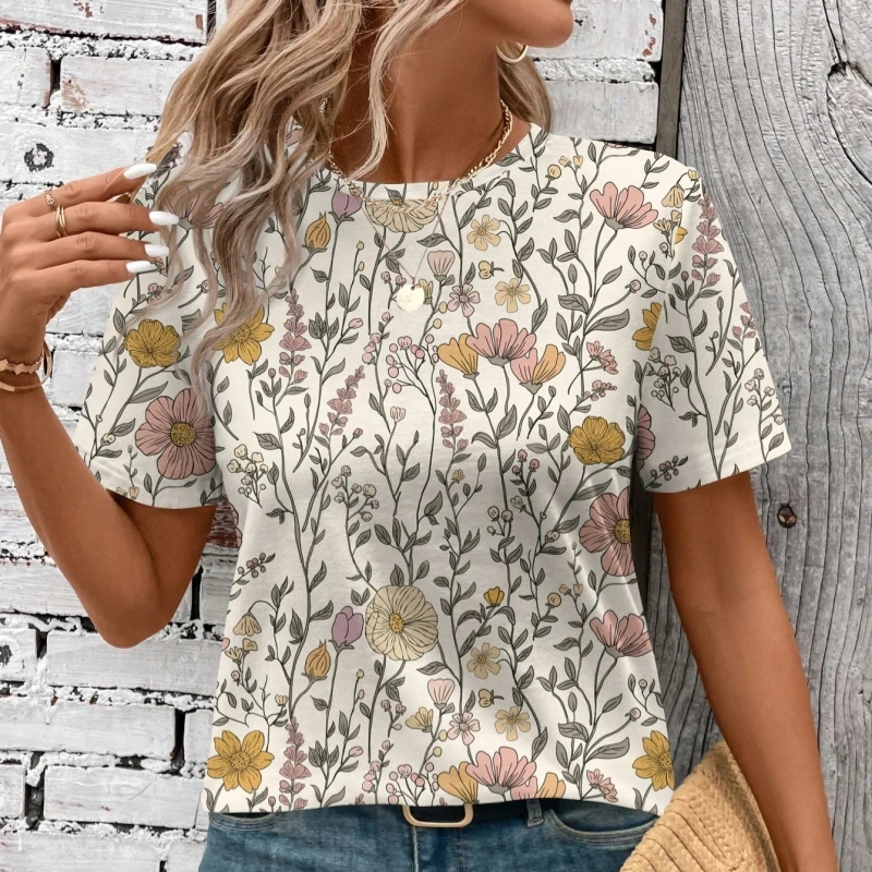 

Summer Casual Vintage Floral Print Round Neck Loose Women T-Shirt Graphic Clothes T Shirt