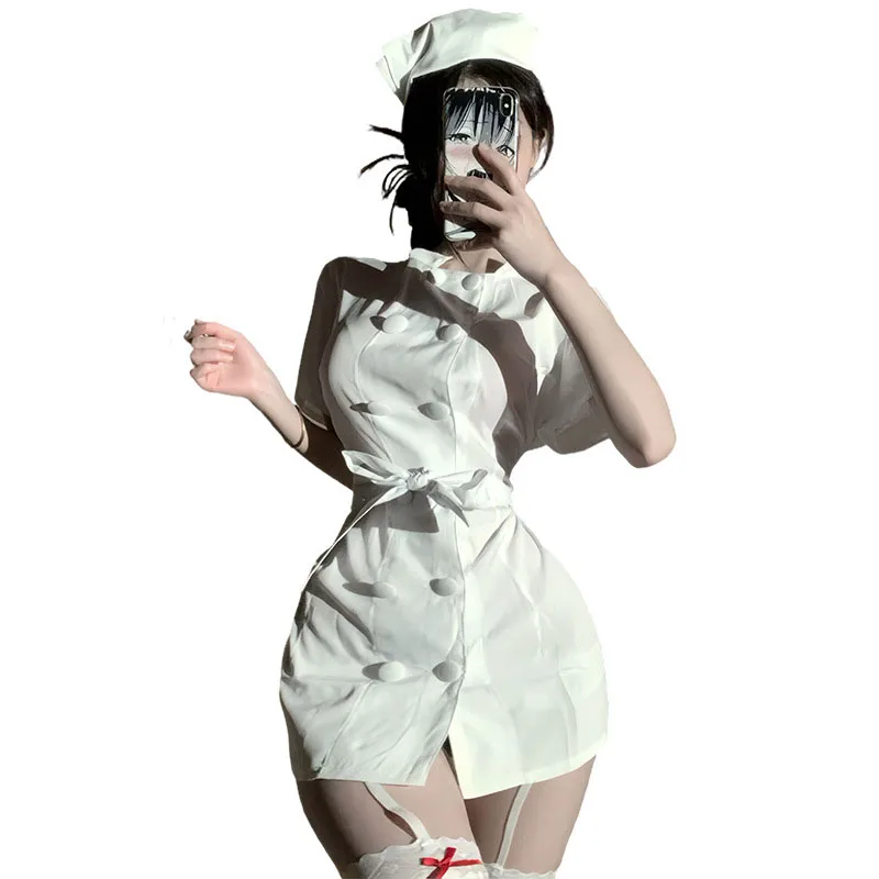 

Anime White Nurse Costume Set Dress Stocking Lingerie Outfit Maid Role Play Halloween Round Neck Slim Fit White Angel Uniform