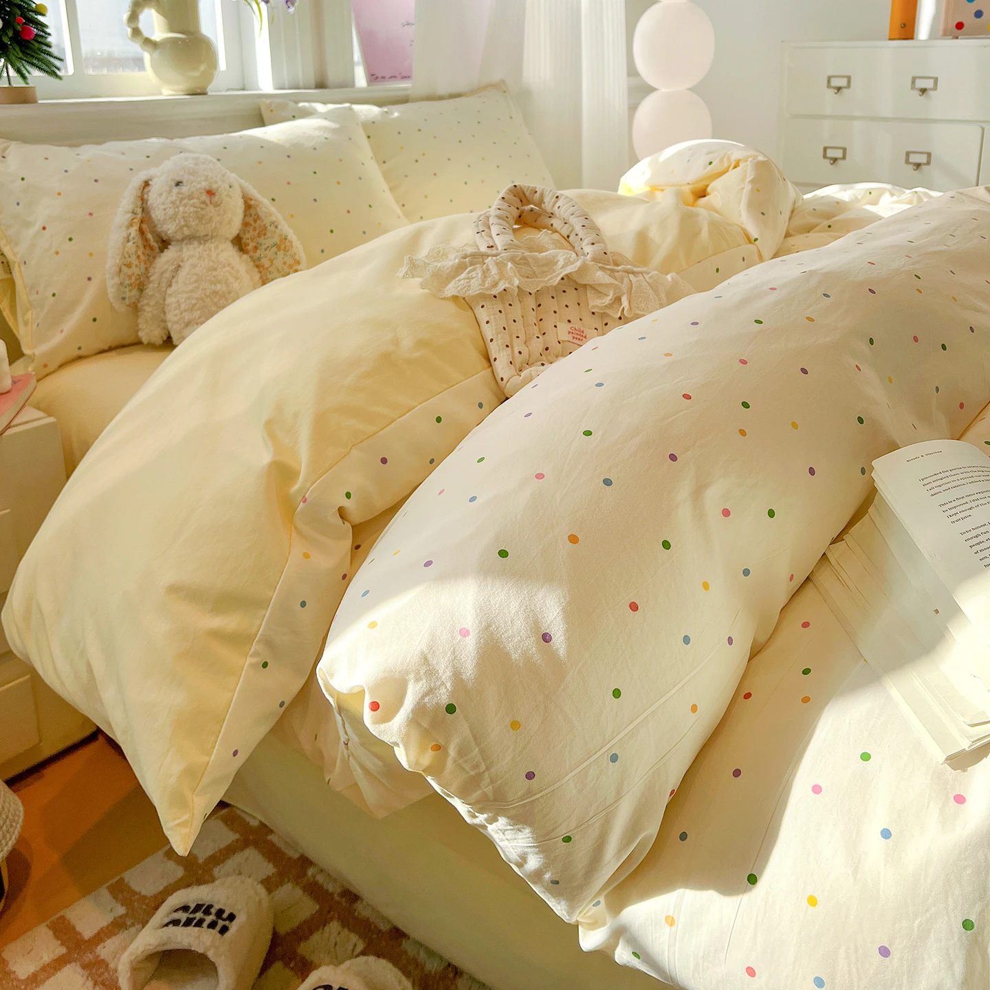 Korean Style Bedding Sets Simple Dot Duvet Cover Pillowcase Twin Queen Full Size No Filling Flat&Fitted Sheet Set Home Decor