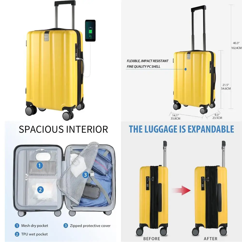 Expandable Hardside Spinner Luggage with TSA Lock, Durable Rolling Suitcase for Travel with Built-in USB Port, Long-Lasting Carr