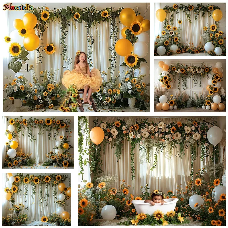 

Mocsicka Spring Photography Background Happy Birthday Party Sunflower Floral Curtain Backdrop Cake Smash Photo Banner Studio