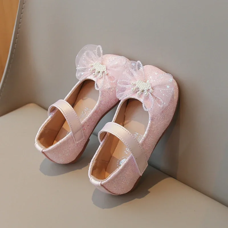 New Sweet Princess Shoes for Girls Glitter Lace Bowknot Children\'s Leather Shoes Fashion Sequins Elegant Kids Flats Single Shoes