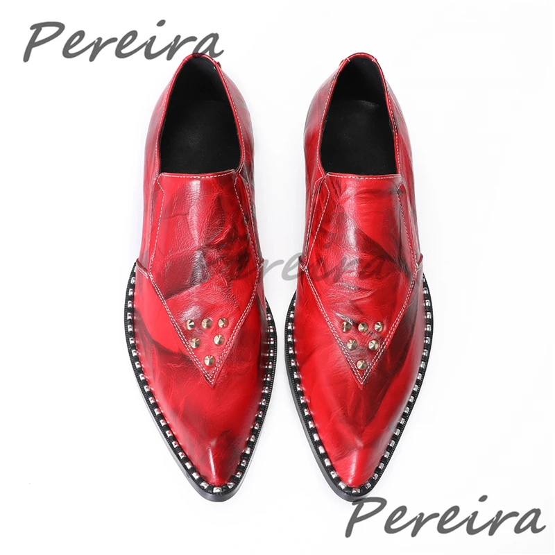 Red Print Genuine Leather Men's Shoes Luxury Rivet Design Low Heel Loafers British Style Party Banquet Business Dress Shoes