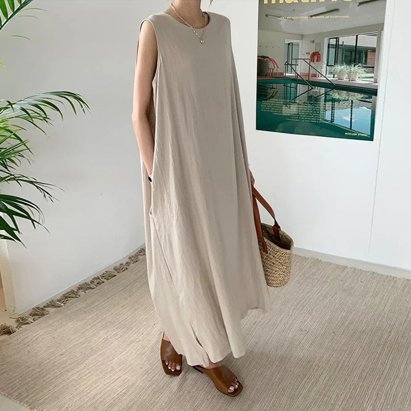 

Johnature New Summer Women Dresses 2022 Casual Korean O-neck Sleeveless Loose Solid Color Female Dress