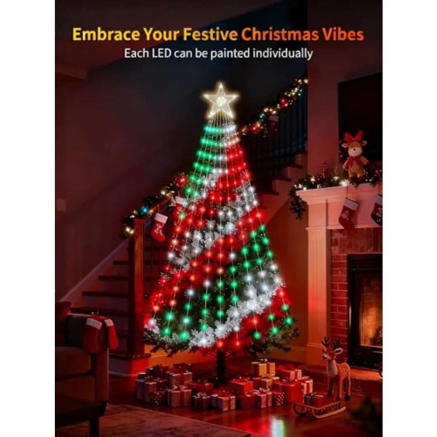 Smart Christmas Tree Lights DIY LED Color Changing Light Show 6FT 200+ Scene String Waterfall Xmas Tree Lights with Ring and To