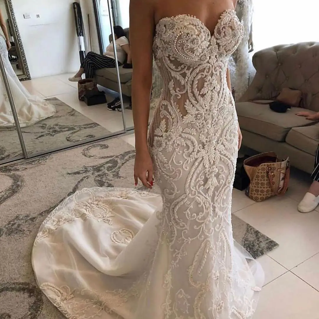 Árabe Aso Ebi lujoso encaje con cuentas vestidos De novia sirena cariño nupcial Vintage vestidos De boda Robe De Soirée De Mariage