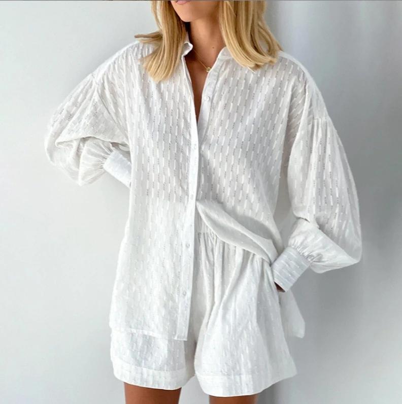 Casual Jacquard Shorts Suit Women 2024 Summer Loose Long Sleeve Shirt Two Piece Set Lady Hawaiian Style Shorts 2 Piece Set