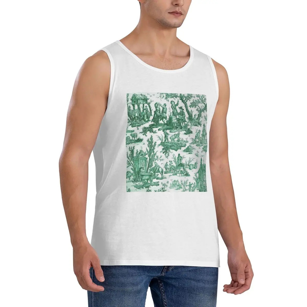 100% Cotton Vintage French Toile De Jouy Motif Sleeveless T-Shirt Men Workout Sports Clothing Tops Men's Crew Neck Vest