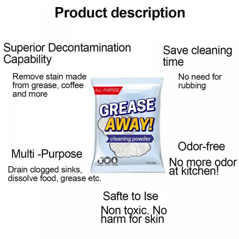 1/3/5PCS Grease Away Powder Cleaner Powerful Cleaners Home Kitchern Sink Detergent Sodium Bicarbonate Grease Away Powder