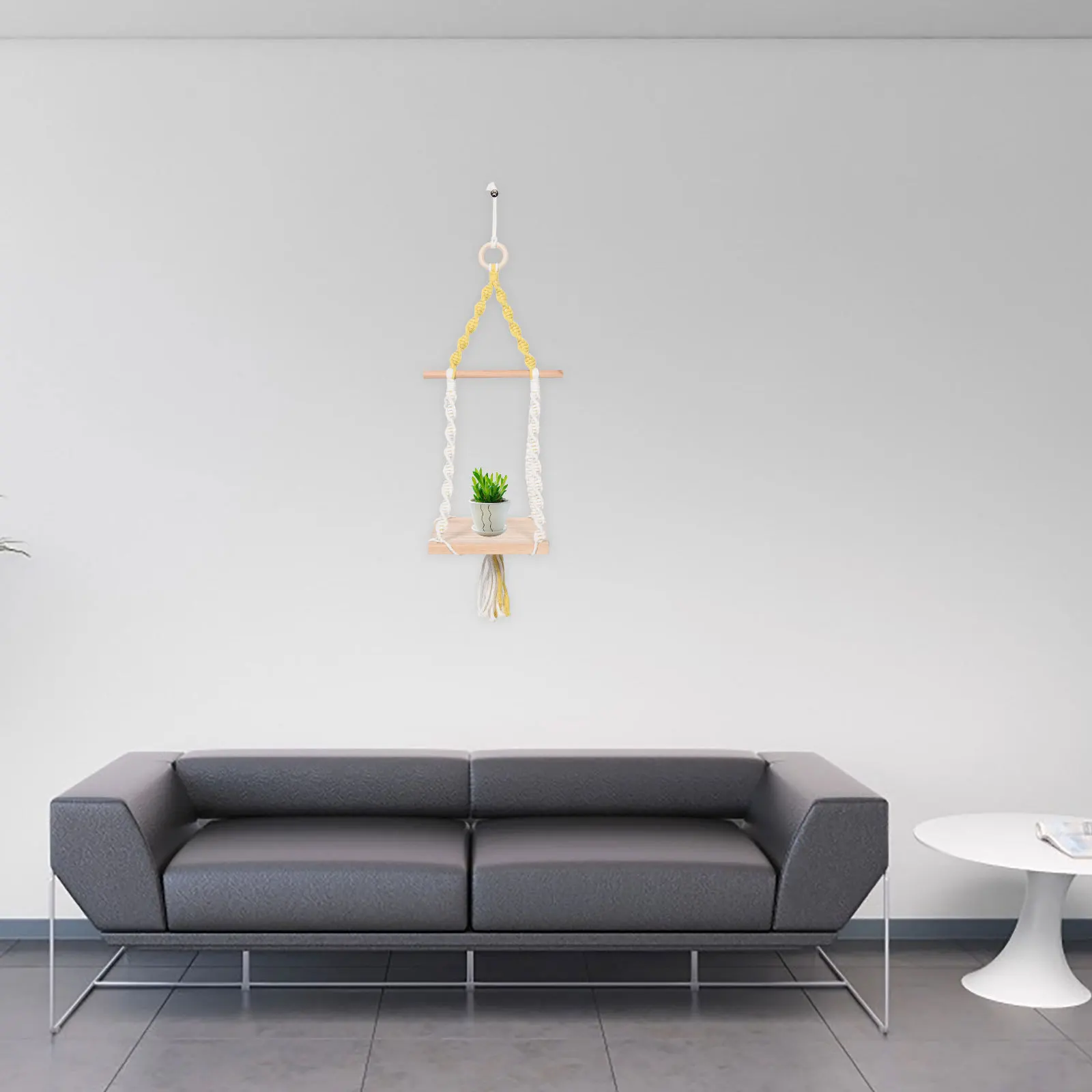 رف معلق على الحائط من حبل القطن: رف تخزين بوهو مصنوع يدويًا من نسيج مكرامية لغرفة المعيشة وغرفة النوم وإطارات الصور على الحائط