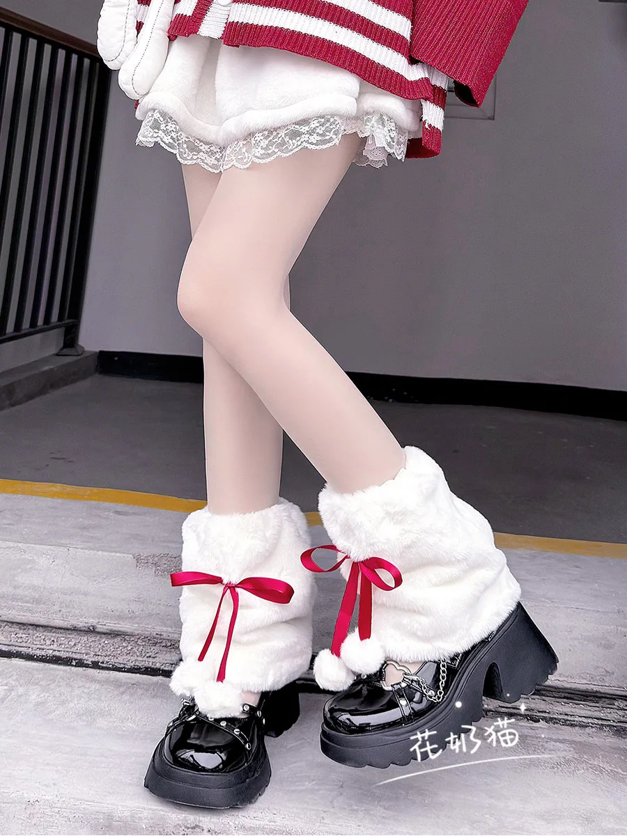 Japanese Style Original Cute Red Bowknot with Pom-Pom Leg Warmers for Women Autumn Winter Thickened Lolita Fuzzy Sock Covers