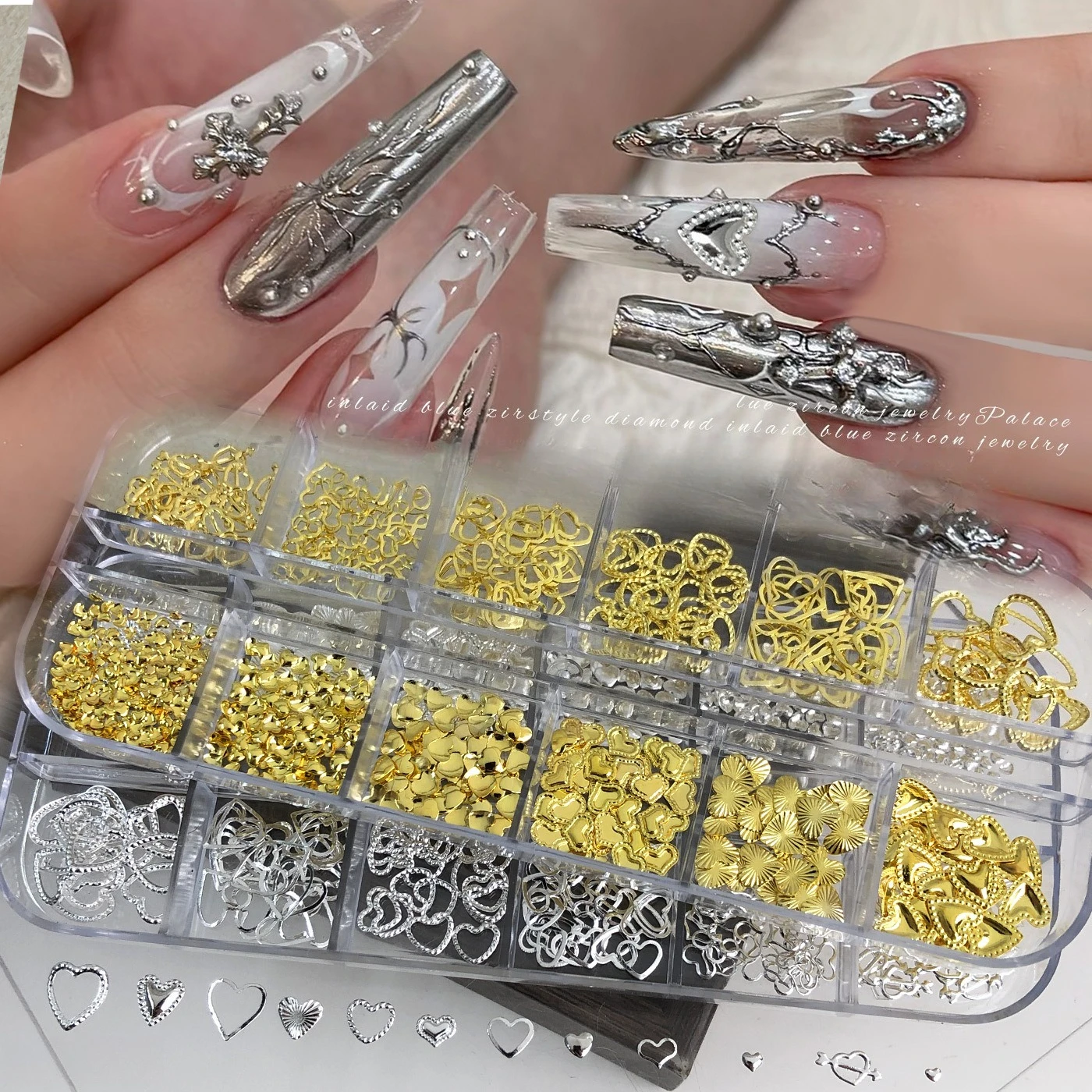 1Set 12 Grids Gold Silver Heart Nail Charms, Hollow Heart Rivet Alloy Ornaments, DIY Nail Art Decor Accessories