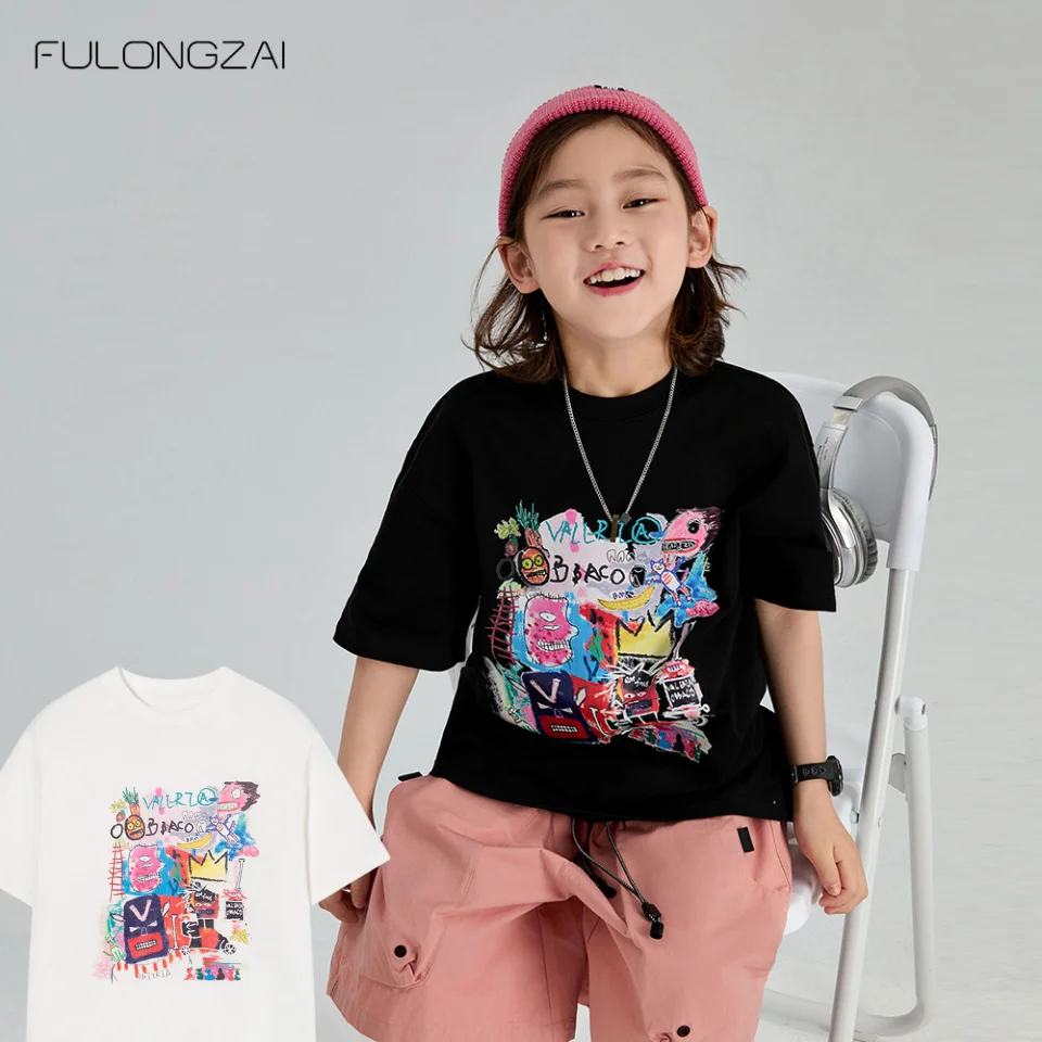 

2024 Doodle The Boys Clothes Kids T Shirts Clothing Children Parent-child Outfit Korean Style Summer Top Breathable Cotton