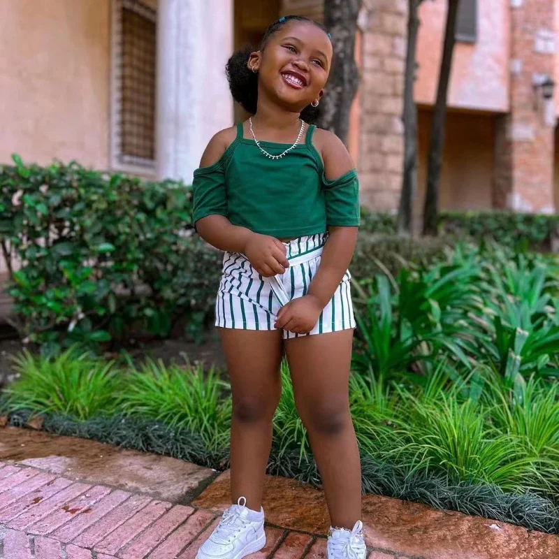 

2025 Summer New Toddler Kids Girls Clothes Outfits Short Sleeve T-shirt+Striped Shorts Pants Child Casual Clothing Sets 1-8Years