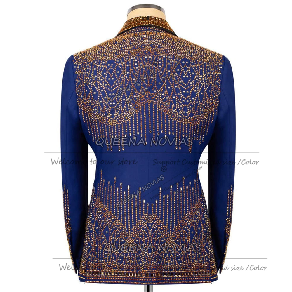 Metallic Jewelry Stones Ornament Groom Wedding Suits Slim Fit BLack Shawl Lapel Prom Blazer Outfits Plus Size Men Party Tuxedos