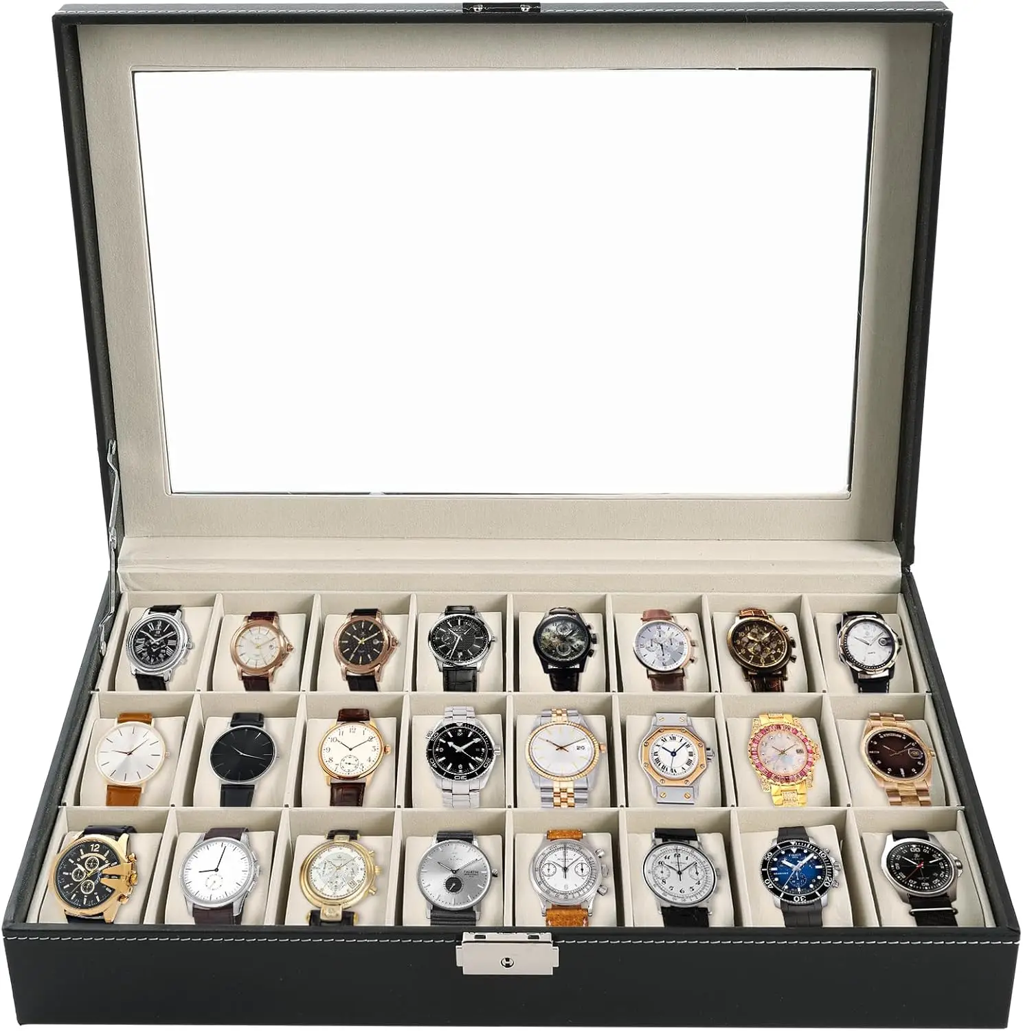 Watch Box 24 Slot Elegant Portable Black Watch Collection Box Case jewelry Men & Women