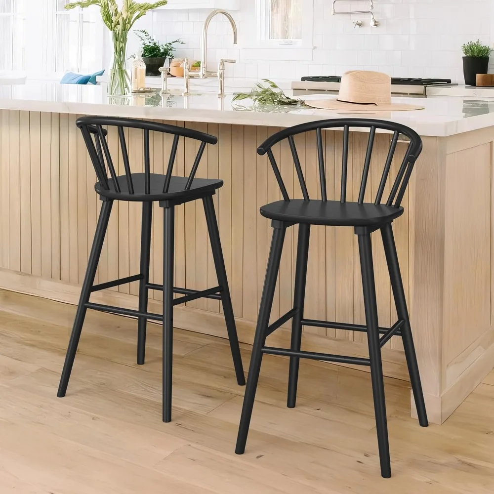 

Wood Bar Stools with Semicircular Backrest, Black Farmhouse Barstools Set of 2, Modern Counter Height Bar Stools for Kitchen