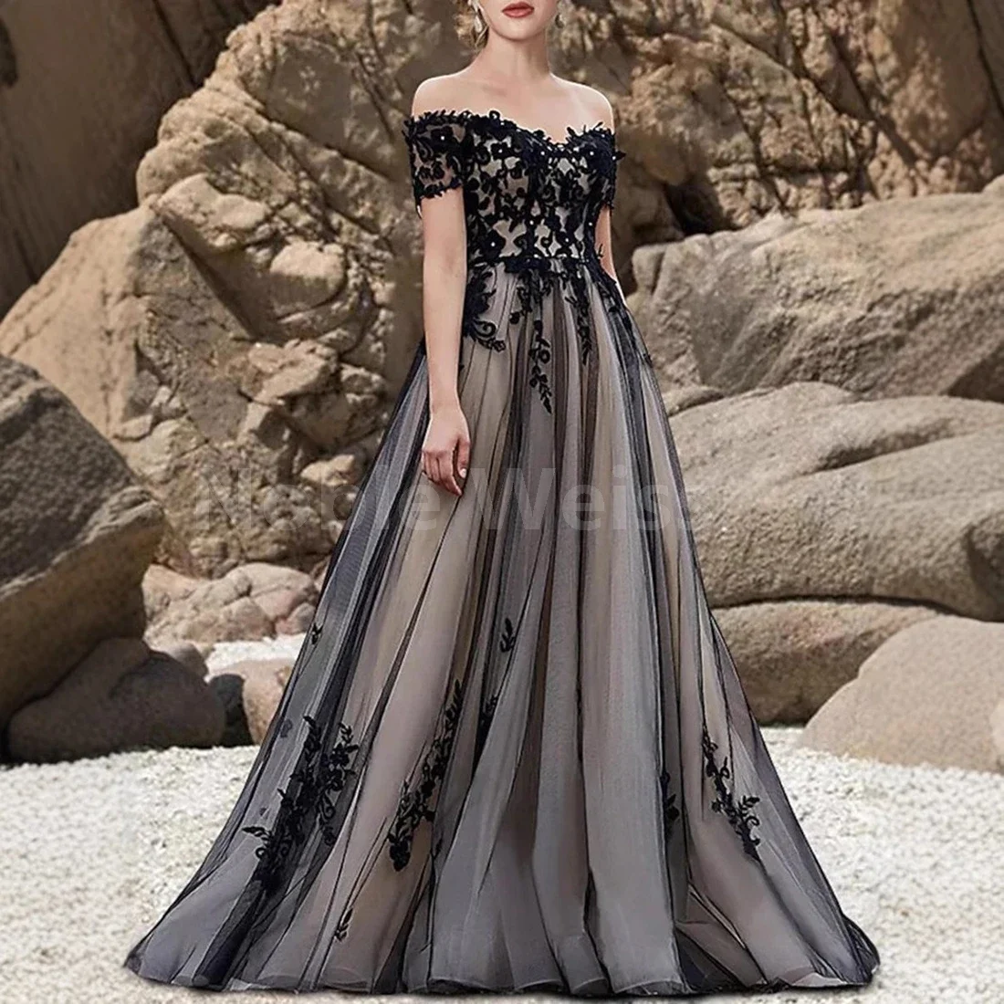 

Off the Shoulder Prom Dress Floor Length Tulle Appliques Evening Gown Customized