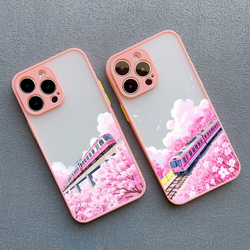 New Japanese Cherry Blossom Pink Train Phone Case For IPhone 12 11 Pro Max 16 15 14 13 Pro Max Plus XS XR X 7 8 Plus SE2 Covers