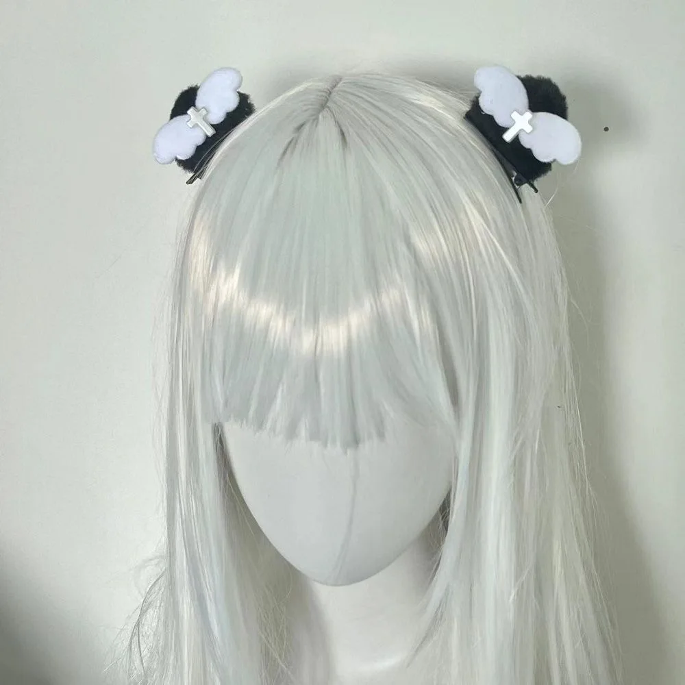 Harajuku Angel Wings Cross Cat Ear Subculture Hair Clip Cute Lolita  Plush Hairpin Accessories