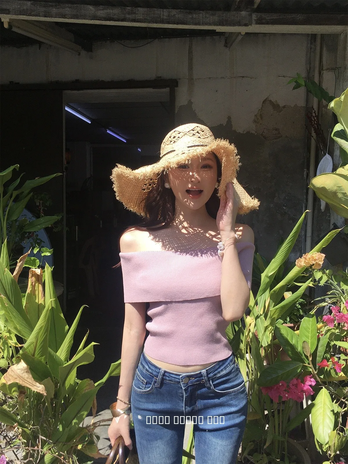 

Pink One-oulder Knitted Sweater Women's Slim Fit ort Sle Spring New Arrival Casual Comfortable Breathable Faion Top