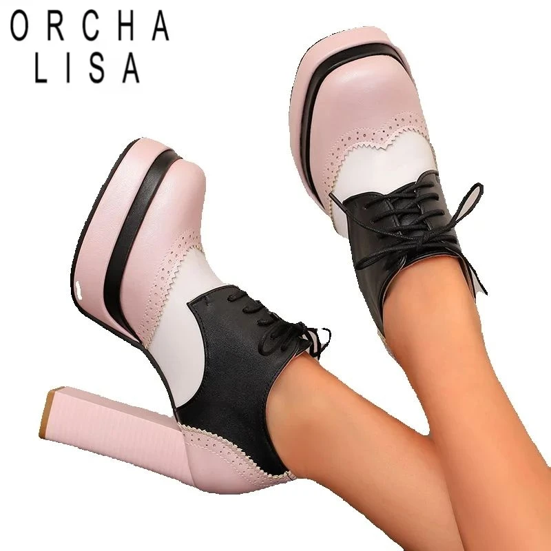 

ORCHA LISA 2025 Women Pumps Square Toe Chunky Heels 11.5cm Platform 3.5cm Lace Up Mixed Color Big Size 41 42 43 US17 Dating Shoe
