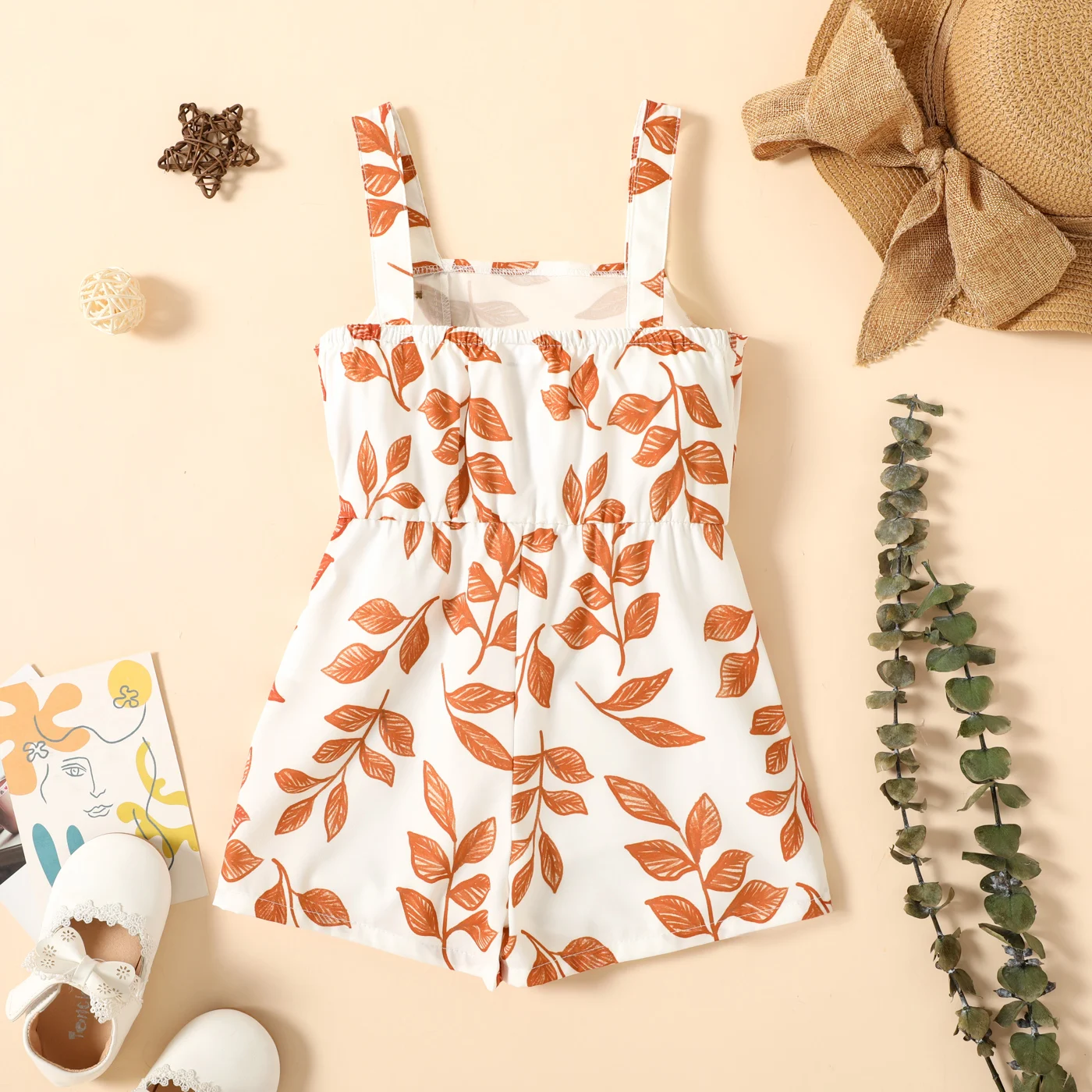 PatPat Toddler Girl Leaf Print Button Design Strap Romper