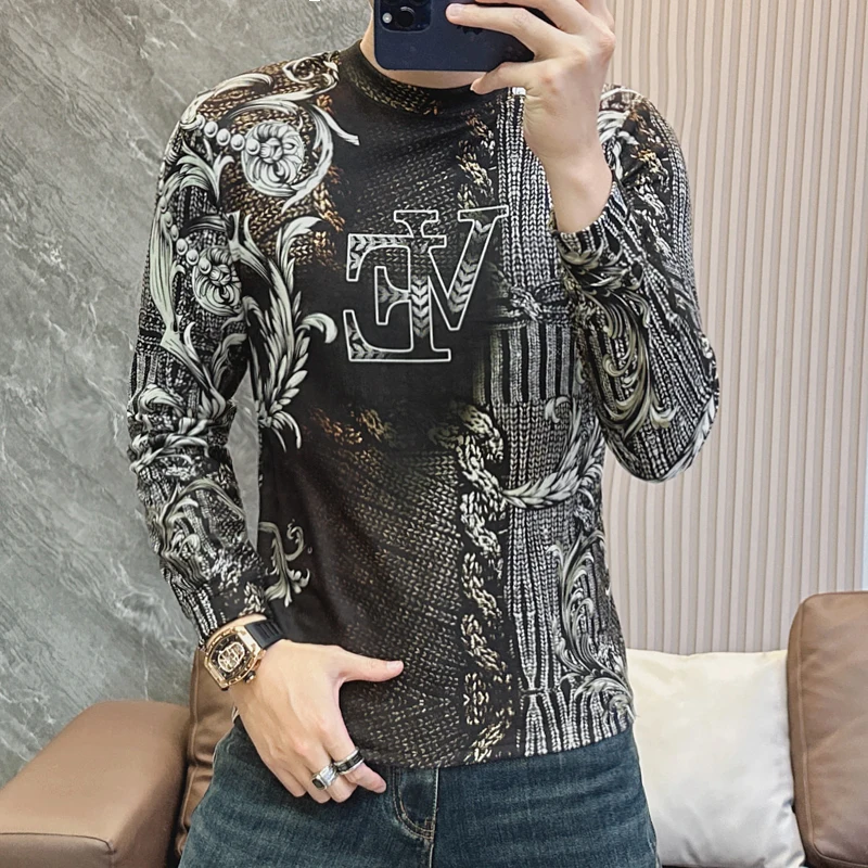 Luxury Retro Printed Sweatshirt for Men Winter Half High Neck Long Sleeved Sweatshirt Casual Business Pullover Streetwear Tops