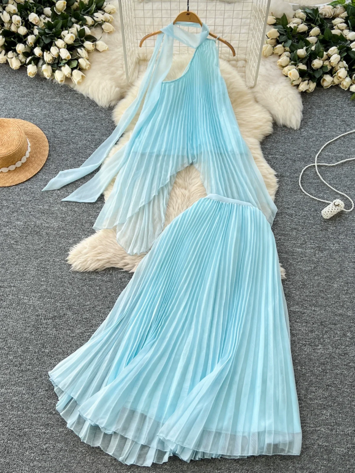 

Summer Holiday Beach Pleated Chiffon 2 Piece Sets Women Outfit Irregular Top And High Waist Long Skirt Two Piece Set Ladies