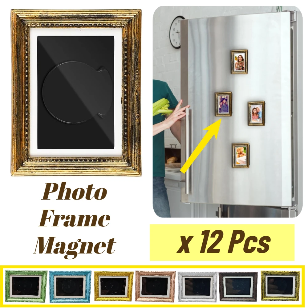 12 Pcs Refrigerator Magnetic Vintage Photo Frame 9x7cm Small Vintage Antique Ornate Insert for Photos Painting Stuck on Fridge