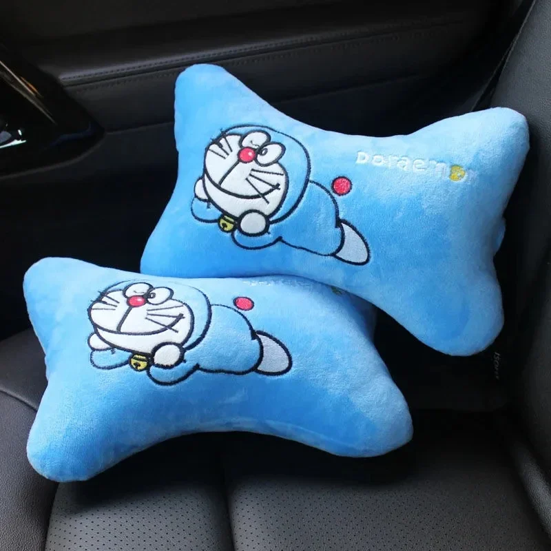 Doraemon Cute Plush Headrest Car 2-in-1 Pillow by Car Waist Neck Pillow Steering Wheel Cover Decoration Accessories Gift