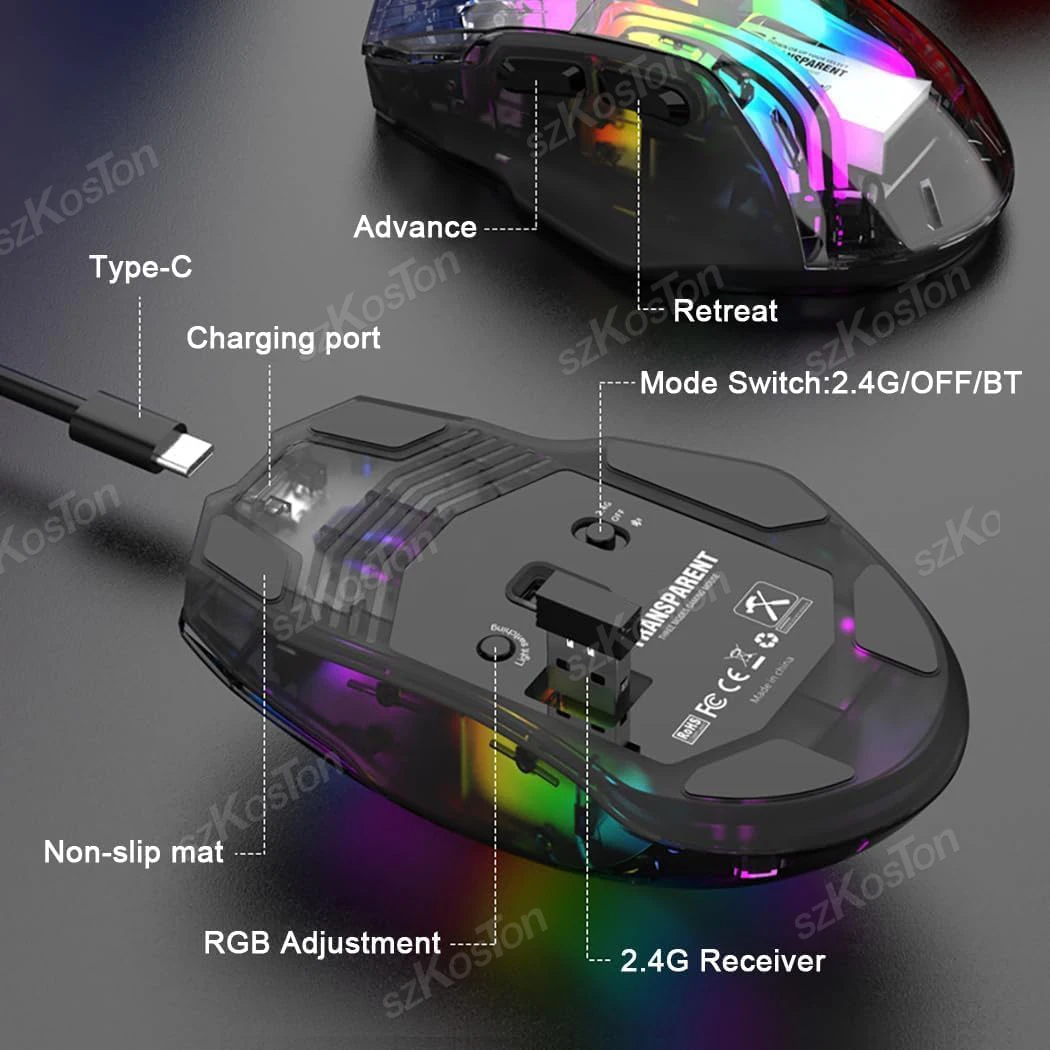 Bezprzewodowa mysz do gier Bluetooth 2.4G/USB-C 3 tryby ładowania światła RGB przezroczyste myszy ergonomiczna mysz do laptopa PC Mac