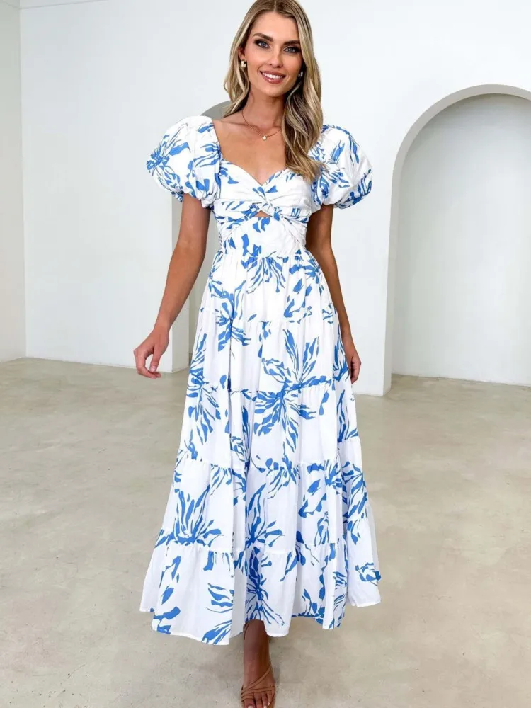 

New Dresses 2026 Woman Slim Printed Dress Short Sleeves Contrast Vestidos One Line Neck Elegant Temperament Off Shoulder Trendy