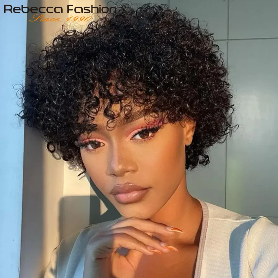 

Парик Rebecca Short Pixie Afro Kinky Curly, натуральный коричневый парик-каре с челкой, из бразильских волос Remy, кудрявый парик Jerry Curly для женщин.
