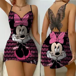 Women's Summer Dress Satin Surface Bow Knot Mickey Disney Sexy Dresses Minnie Mouse Womens Fashion 2024 Elegant Mini Lace Disney