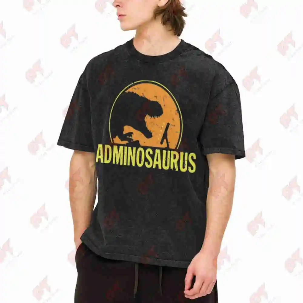 Adminsaurus Dinosaur Nerd Administrator Vintage Washed Tee Pure Cotton T-Shirt