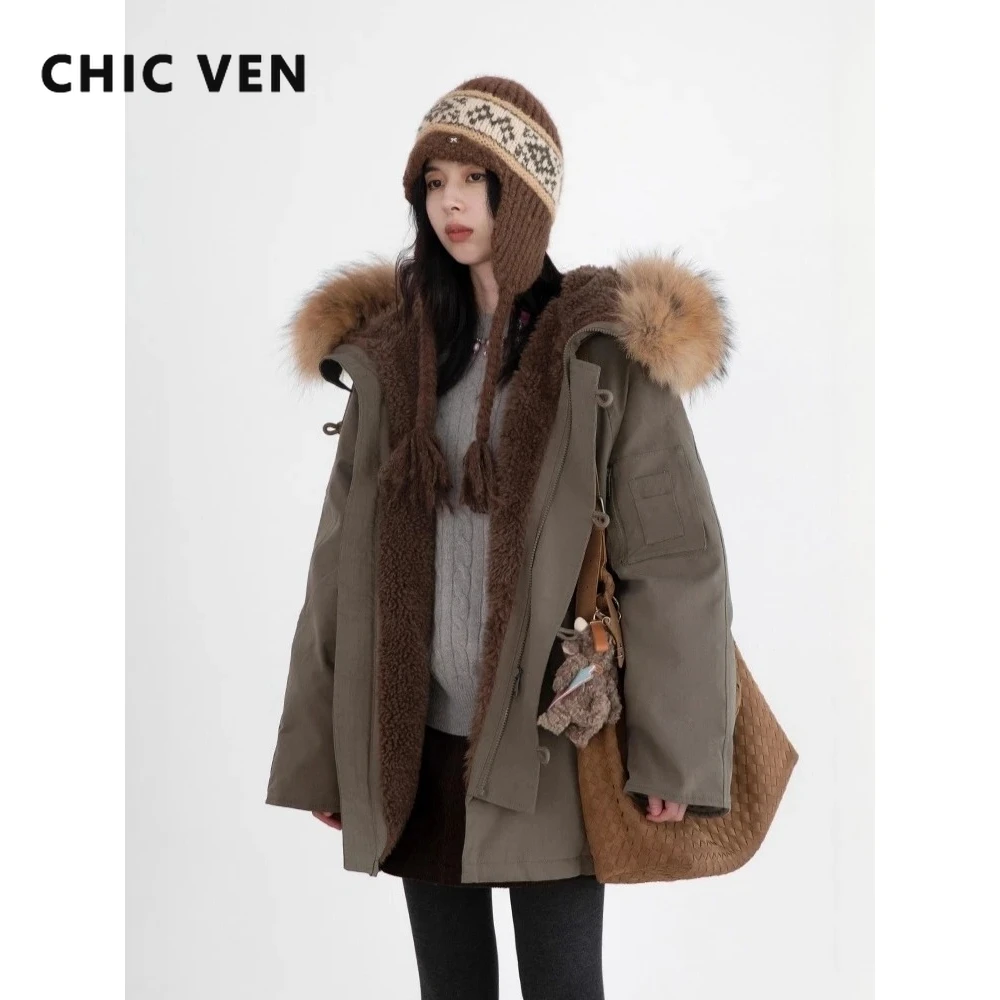 

CHIC VEN New Women Down Coats Solid Loose Casual Hooded Down Jacket Detachable Collar Ladies Parka Outwear Autumn Winter 2026
